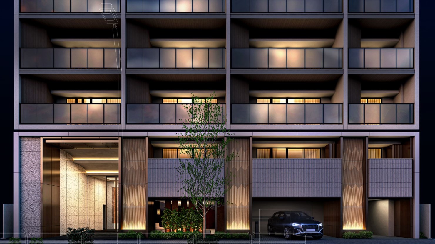 外観完成予想CG：間取り 1LDK ～ 3LDK / 専有面積 39.48平米 ～ 79.70平米（全戸に別に専有トランクルーム面積0.35平米～0.81平米あり）（提供：野村不動産）