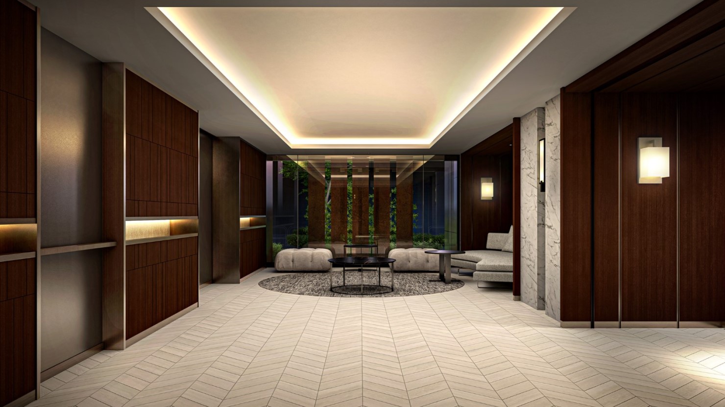 ラウンジ完成予想CG：エントランスの先に広がるラウンジには、華やかで上質な空間を演出するB&B Italiaのファニチャーをレイアウト（提供：野村不動産）