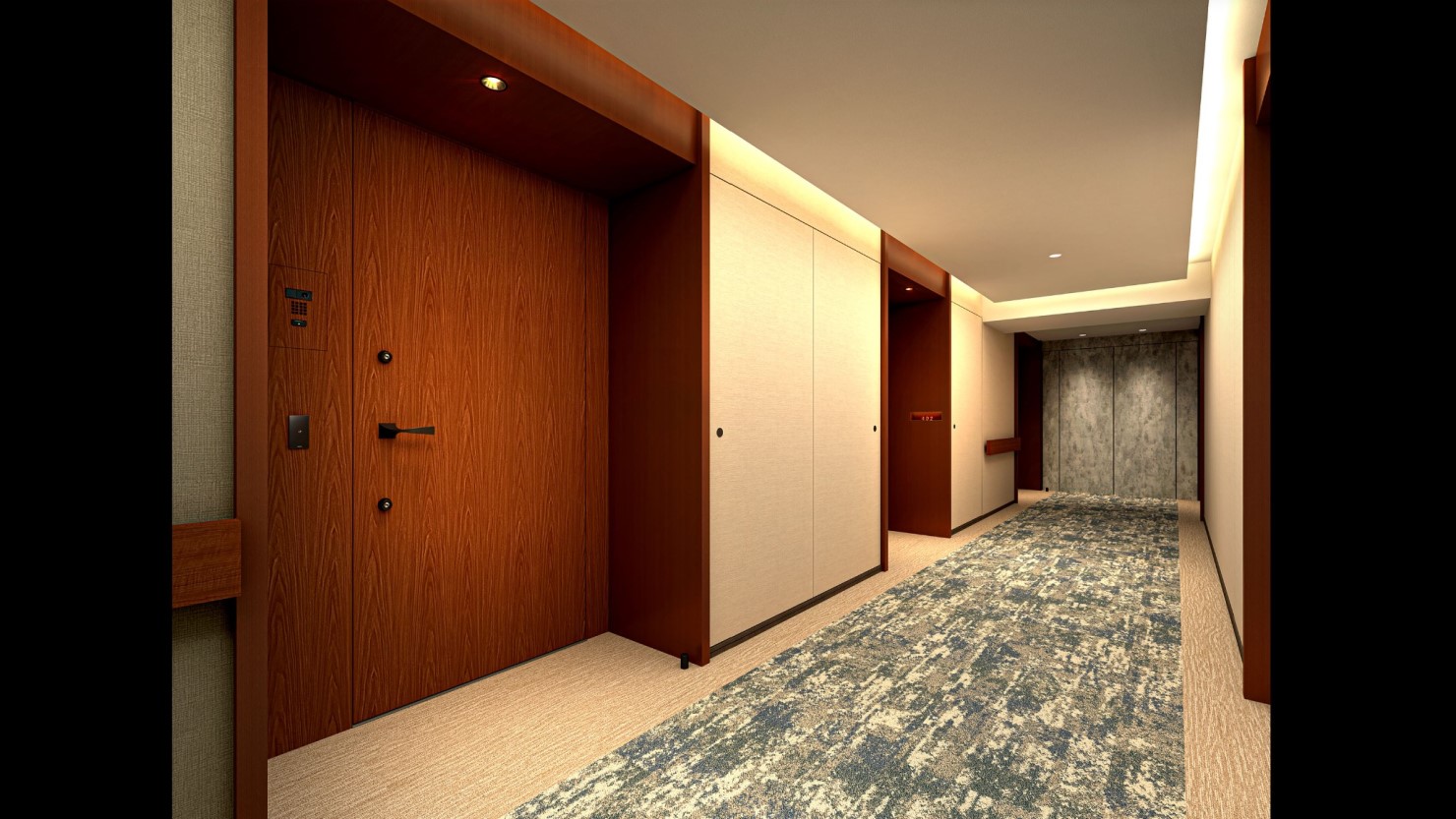 内廊下完成予想CG：プライバシー性に優れたホテルライクな内廊下設計。玄関の三方枠が高級感を演出（提供：野村不動産）