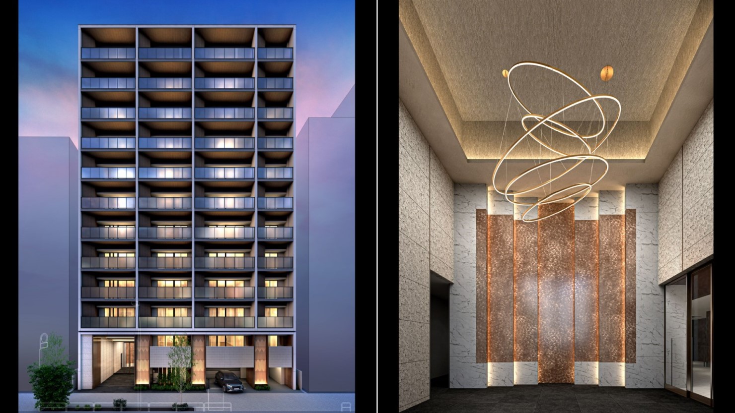 （左）2026年2月竣工予定 プラウド神田 外観完成予想CG：総戸数94戸 / 所有権 / 鉄筋コンクリート地上12階 地下1階建て /（右）2層吹抜の開放感が印象的なエントランスホール完成予想CG（提供：野村不動産）