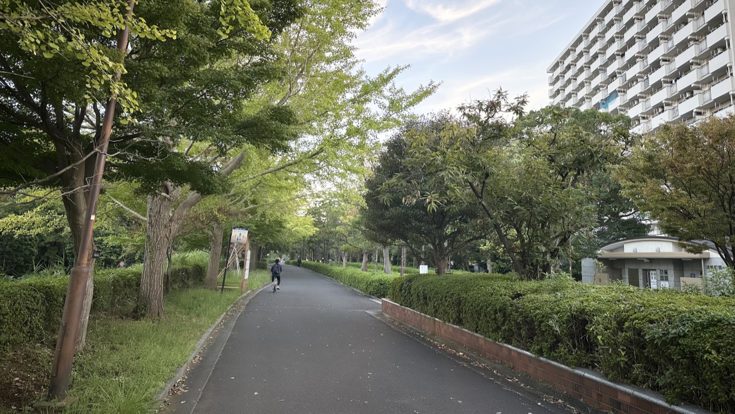 葛西地区清新町緑道は自転車も通れる緑に囲まれた広い道