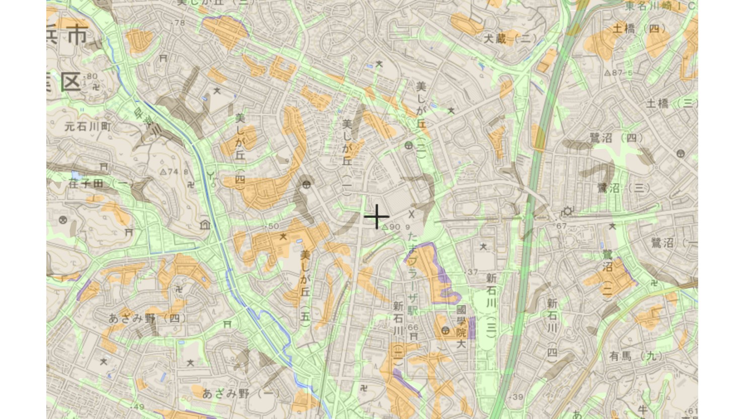 たまプラーザ駅周辺の地形マップ