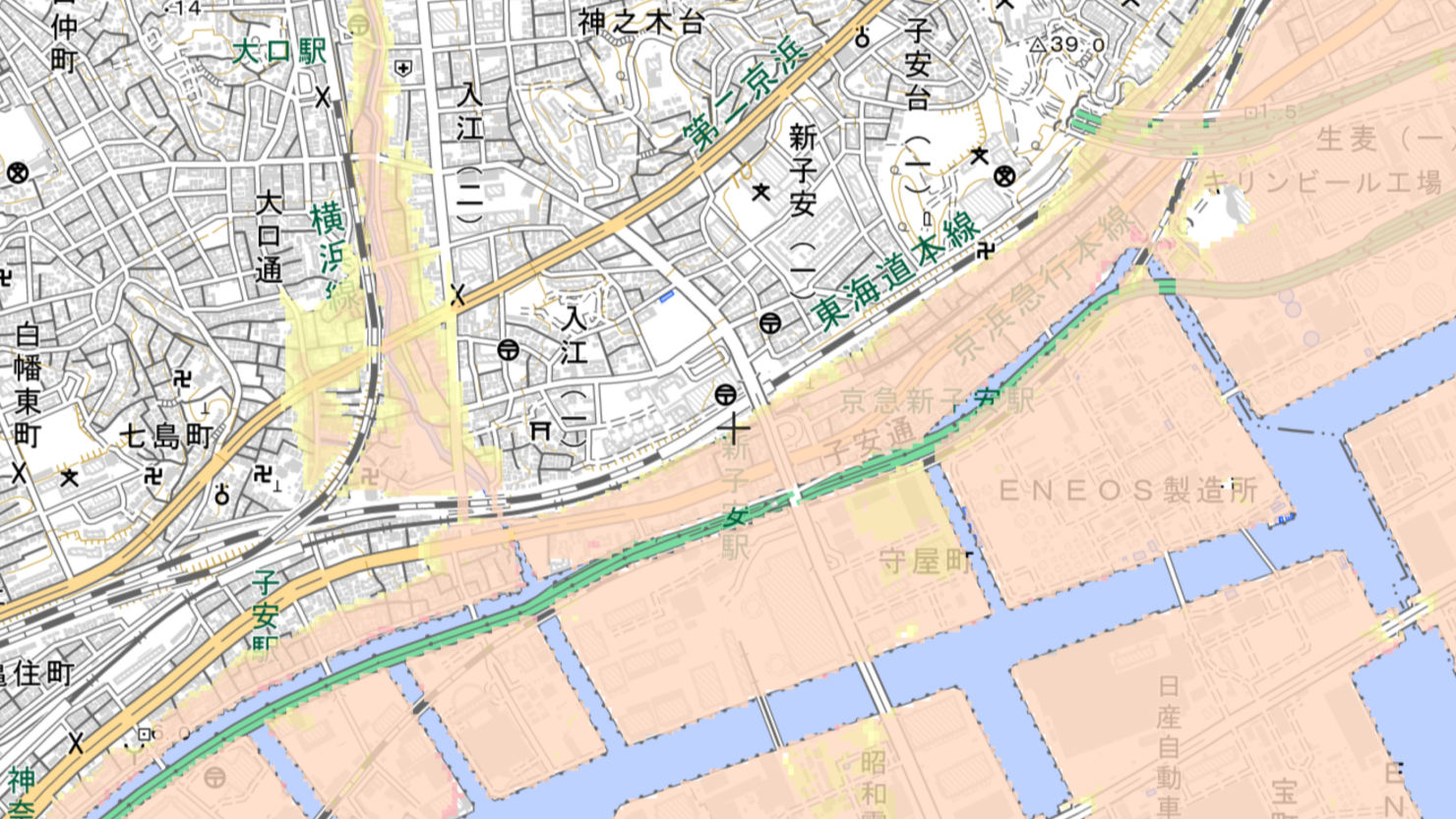 新子安駅周辺の津波浸水想定