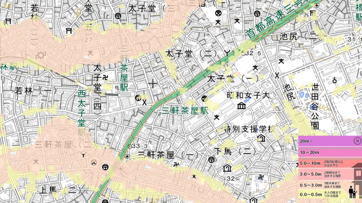 三軒茶屋駅周辺の洪水・内水情報