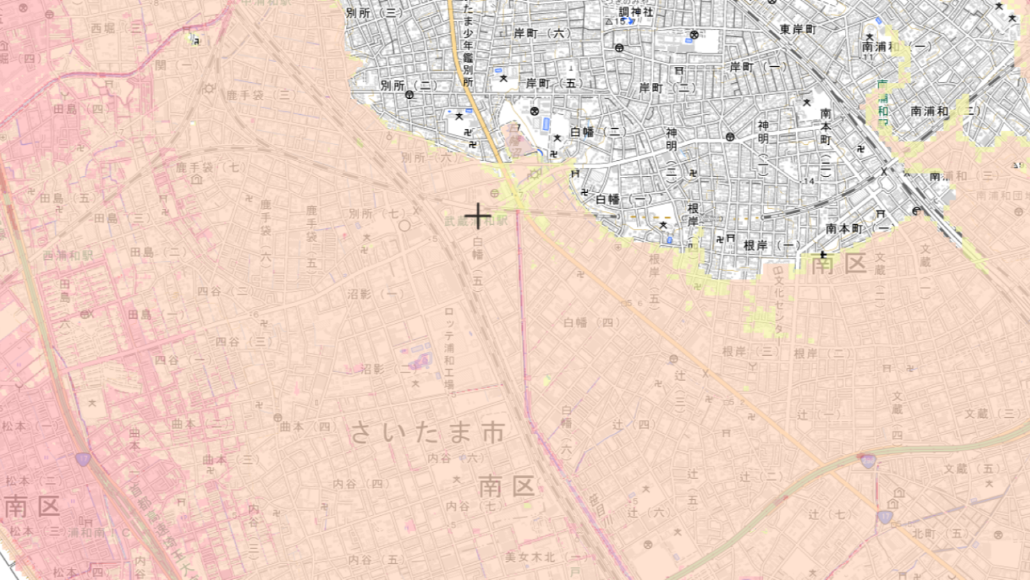 武蔵浦和駅周辺の浸水リスクが表示されたハザードマップ