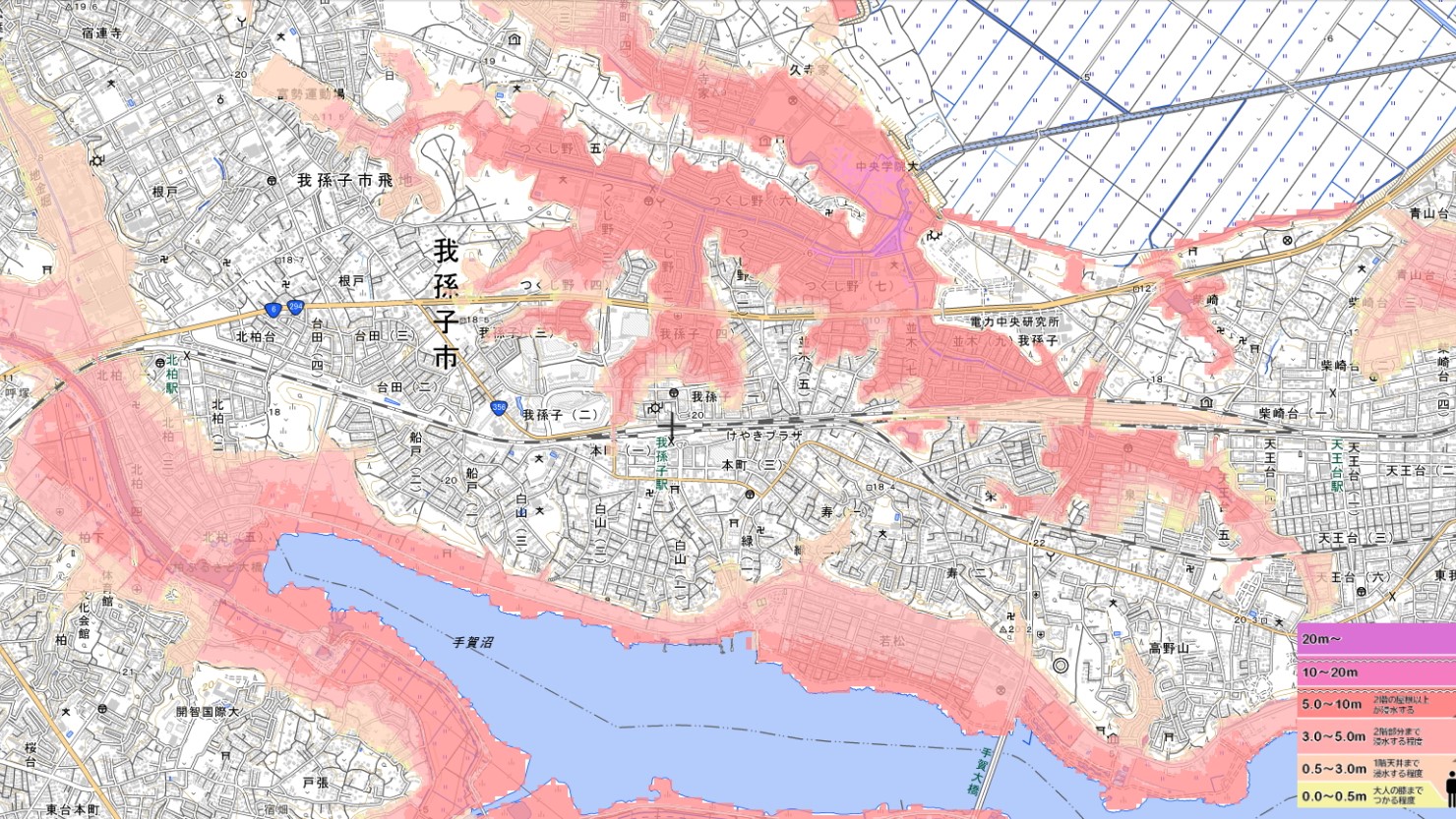 我孫子駅周辺の洪水ハザードマップ