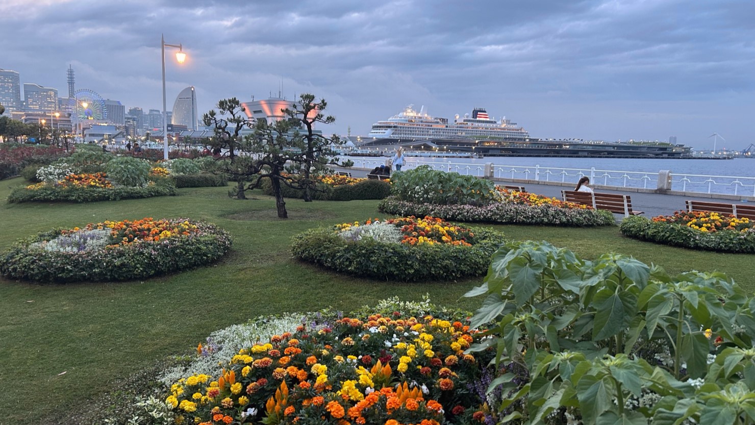 山下公園はみなとみらい地区の景色を臨み、豪華客船なども見られる