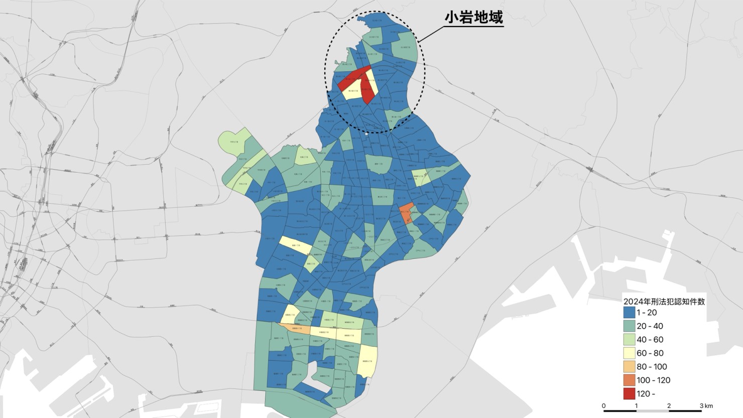 江戸川区町丁別犯罪認知件数　※出典：犯罪認知件数：警視庁「令和6年 区市町村の町丁別、罪種別及び手口別認知件数」。町丁別境界：e-Stat。下図：国土数値情報。
