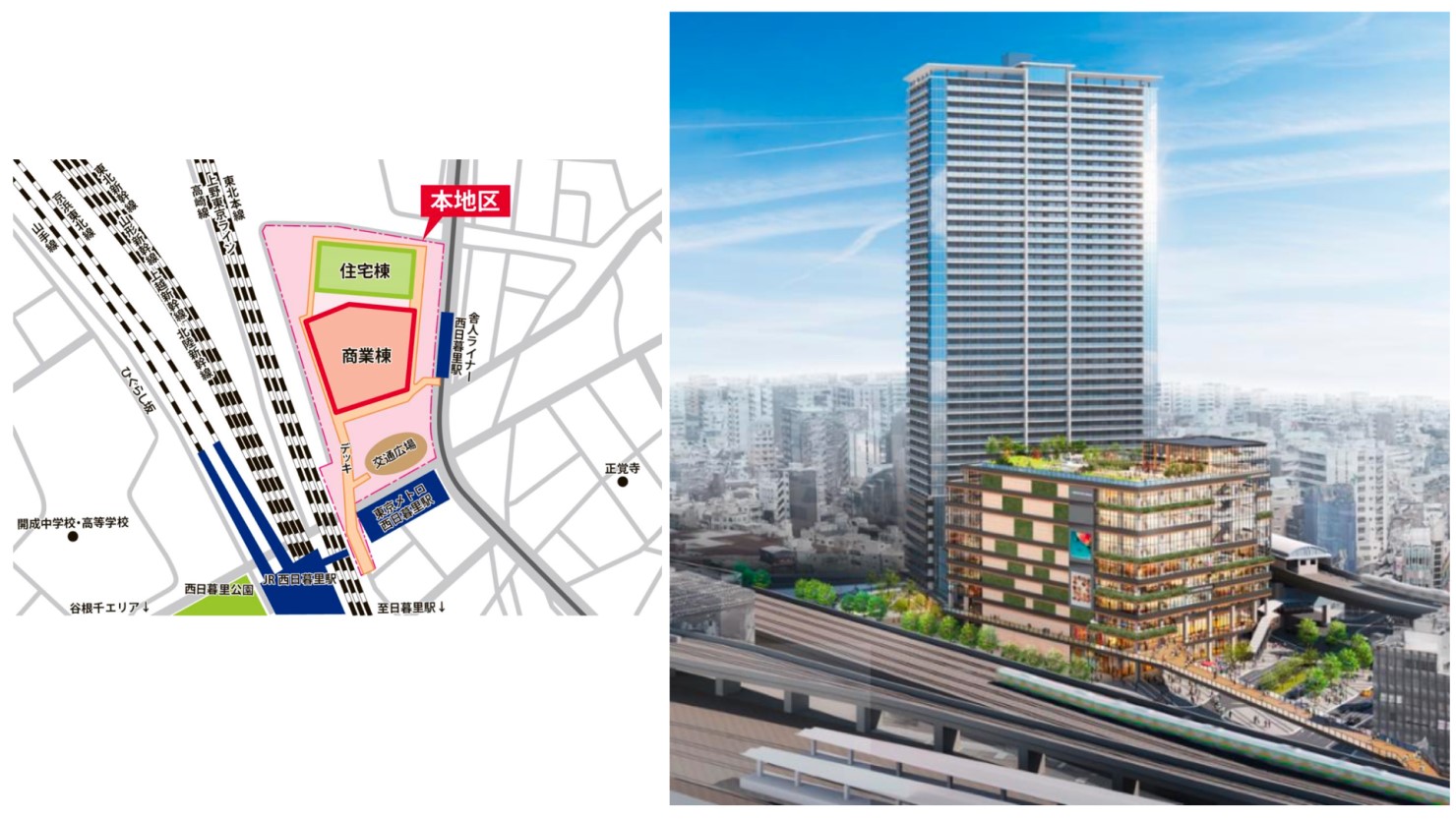 西日暮里駅で計画されている市街地再開発事業のイメージ　※出典：東急不動産ニュースリリース「「西日暮里駅前地区第一種市街地再開発事業」市街地再開発組合設立認可のお知らせ～西日暮里駅前地区における再開発事業が本格始動～」※(注)イメージパースは現在のイメージであり、今後変更となる可能性があります。