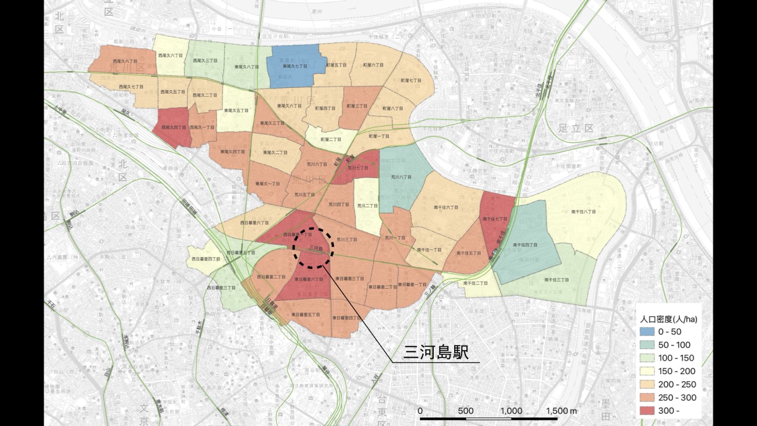 荒川区の人口密度の分布（※出典：国勢調査、国土地理院地図をもとに作図）