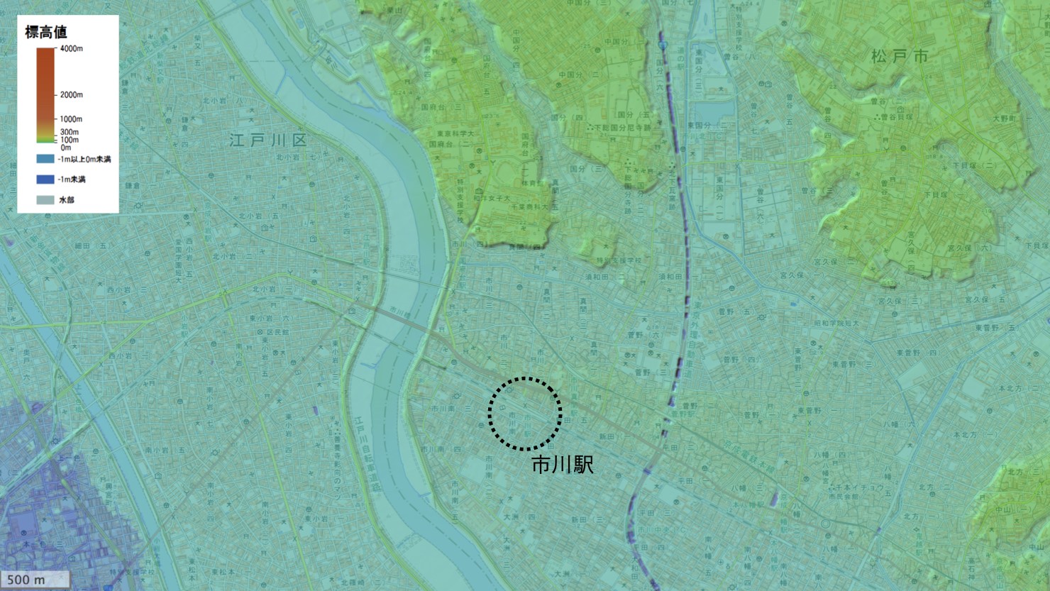 市川駅周辺の地形　※出典：国土地理院地図を一部加工