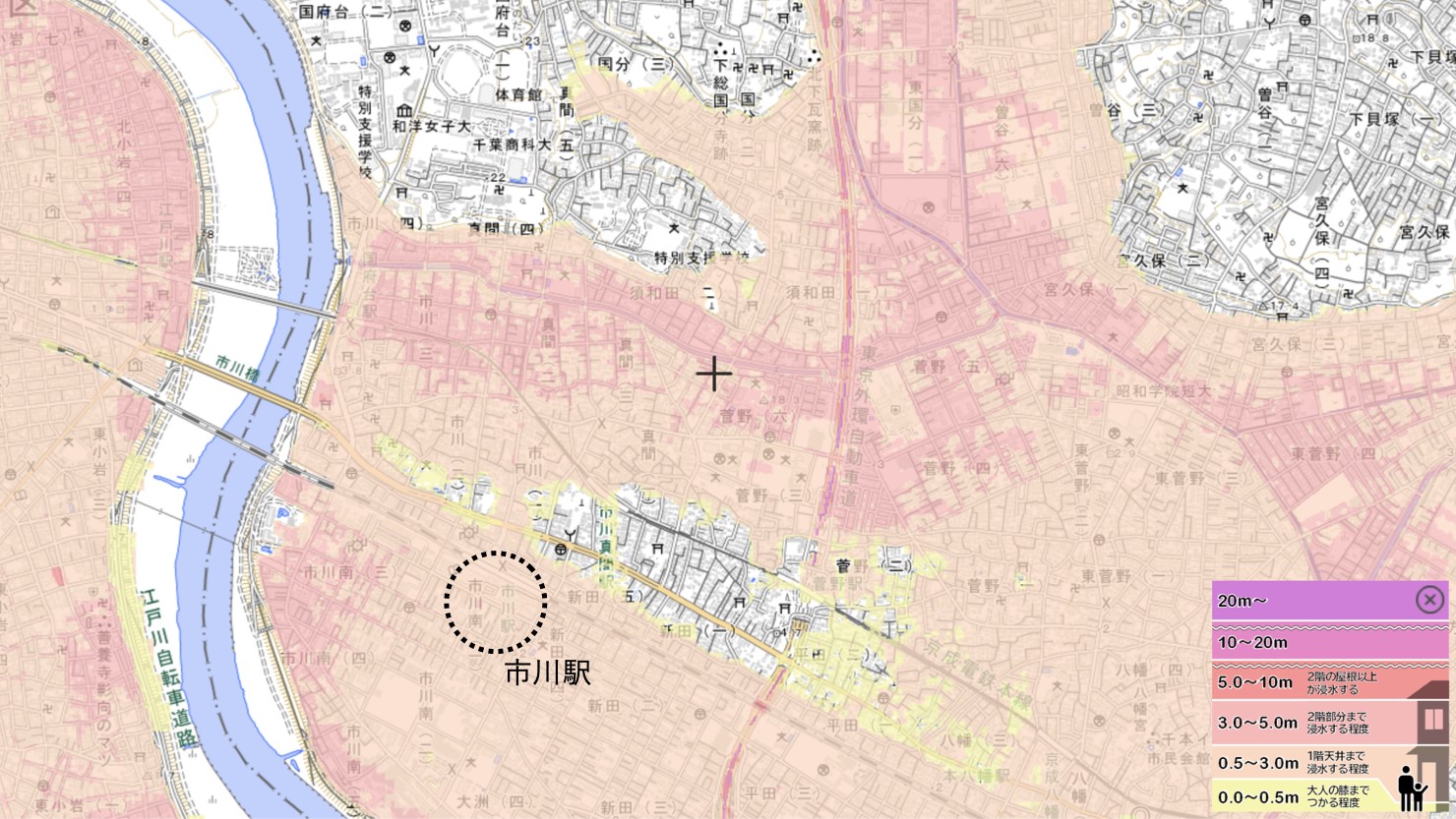 江戸川河川洪水浸水想定　※出典：「ハザードマップポータルサイト」 https://disaportal.gsi.go.jp/index.html