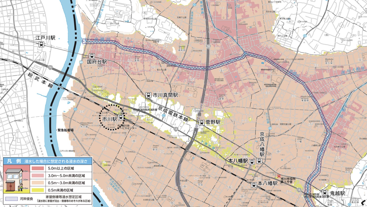 真間川河川洪水浸水想定　※出典：市川市「市川市水害ハザードマップ」 https://www.city.ichikawa.lg.jp/gen06/1511000002.html 