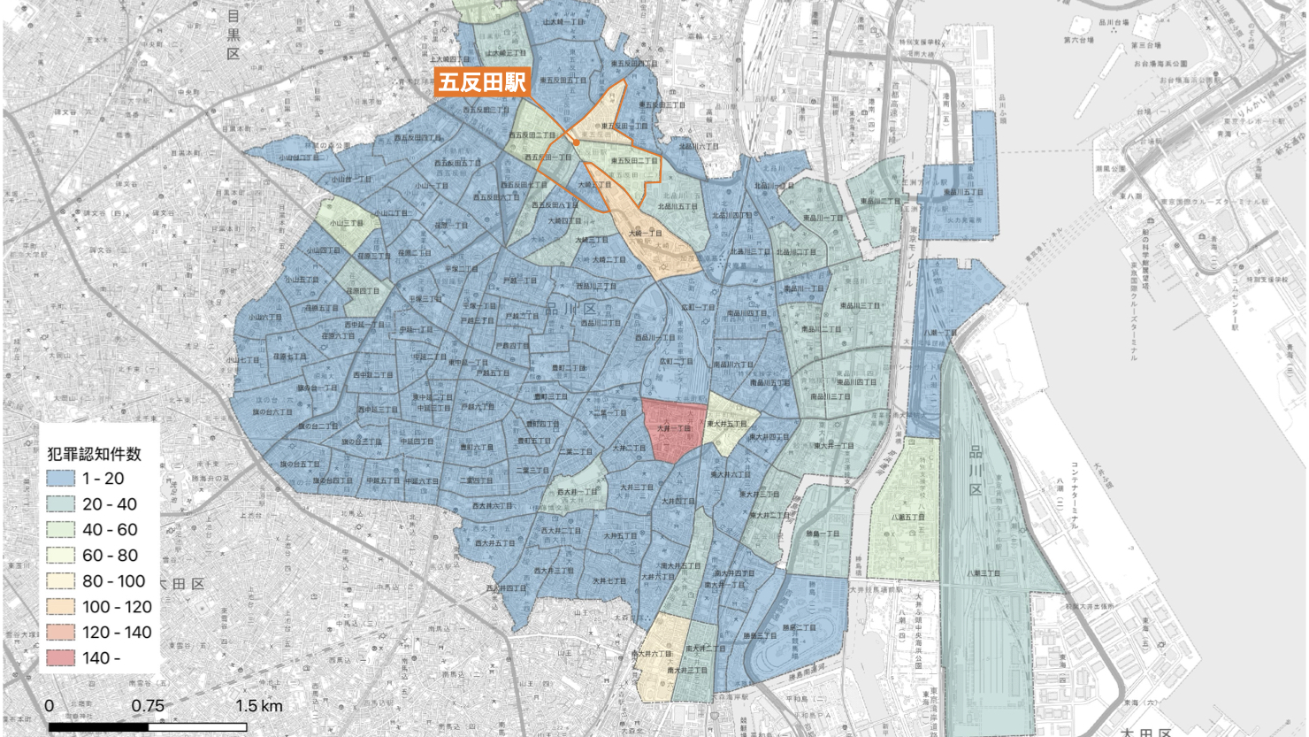 品川区町丁別の犯罪認知件数　※出典：警視庁、2024年、「区市町村の町丁別、罪種別及び手口別認知件数」