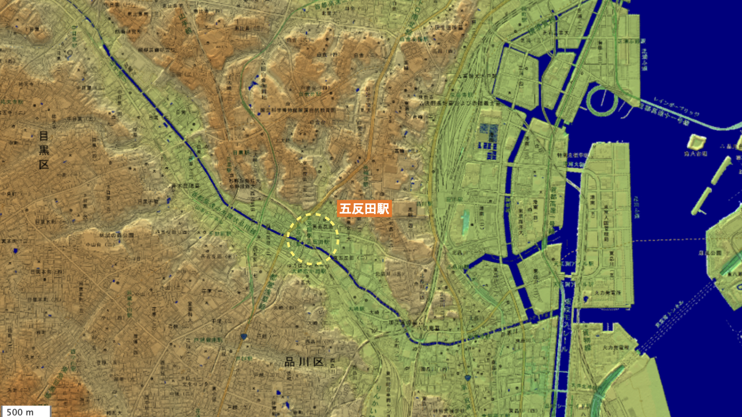 五反田駅周辺の地形　※出典：国土地理院地図