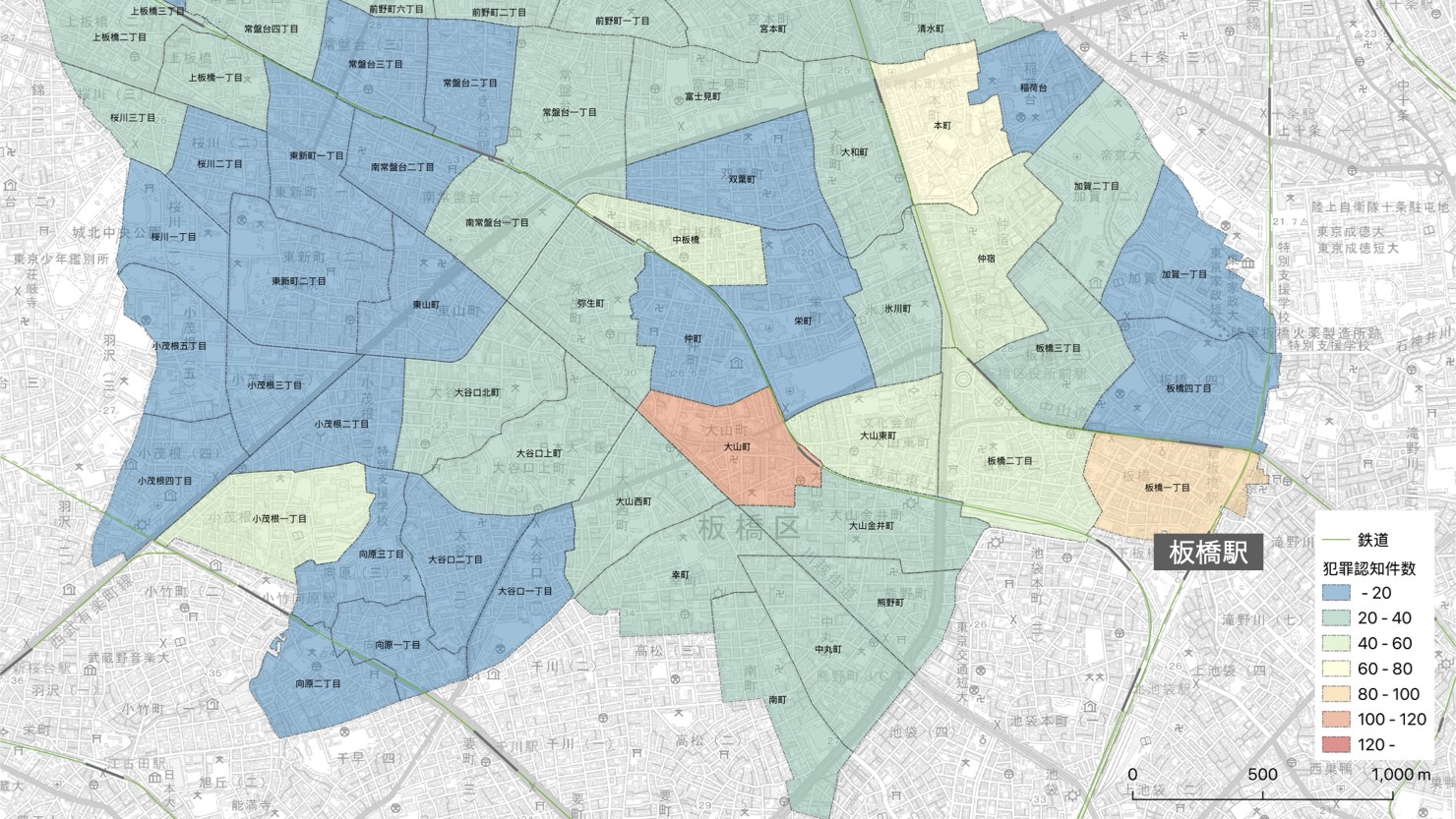 板橋区町丁別犯罪認知件数　※出典：犯罪認知件数：警視庁「令和6年 区市町村の町丁別、罪種別及び手口別認知件数」。町丁別境界：e-Stat。下図：国土数値情報。