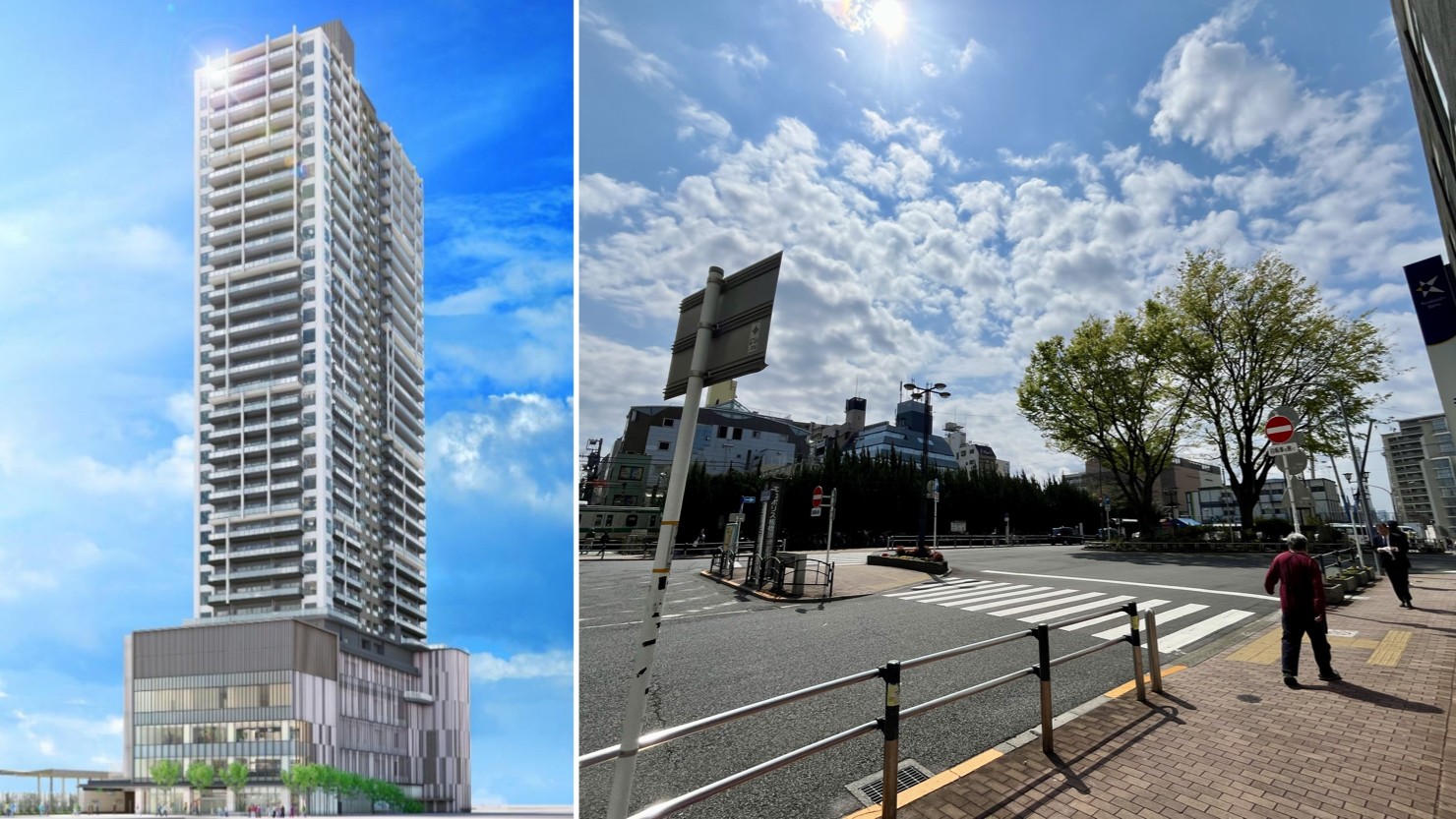 （左）板橋口市街地再開発のイメージパース　※出典：野村不動産株式会社・東日本旅客鉄道株式会社『「板橋駅板橋口地区第一種市街地再開発事業」権利変換計画認可のお知らせ〜板橋駅前の新な賑わい拠点となる駅直結複合開発〜』（2022年11月9日）。（右）西口エリアより駅方面を撮影（2025年4月上旬撮影）