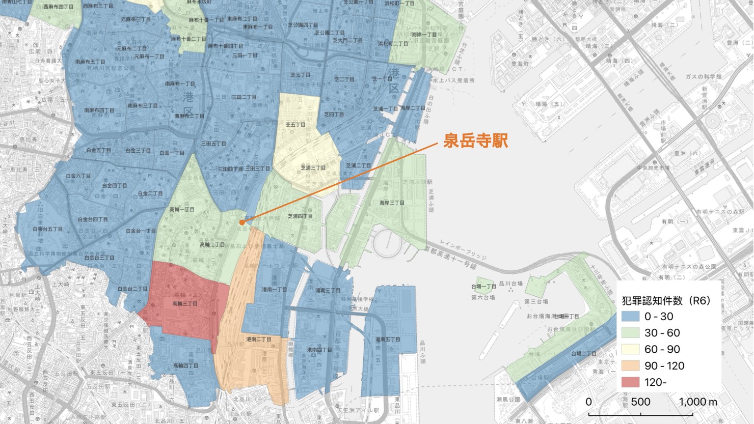 2024年港区町丁別犯罪認知件数　※出典：犯罪認知件数：警視庁「令和6年 区市町村の町丁別、罪種別及び手口別認知件数」。町丁別境界：e-Stat。下図：国土数値情報。