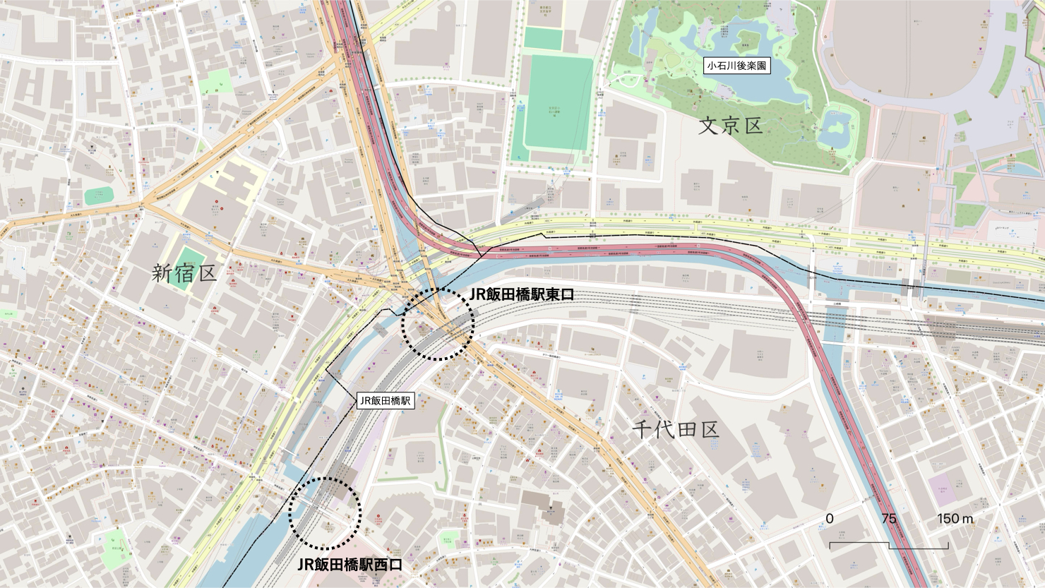 JR飯田橋駅の位置と行政区域の関係　※出典： Open Street Mapを加工