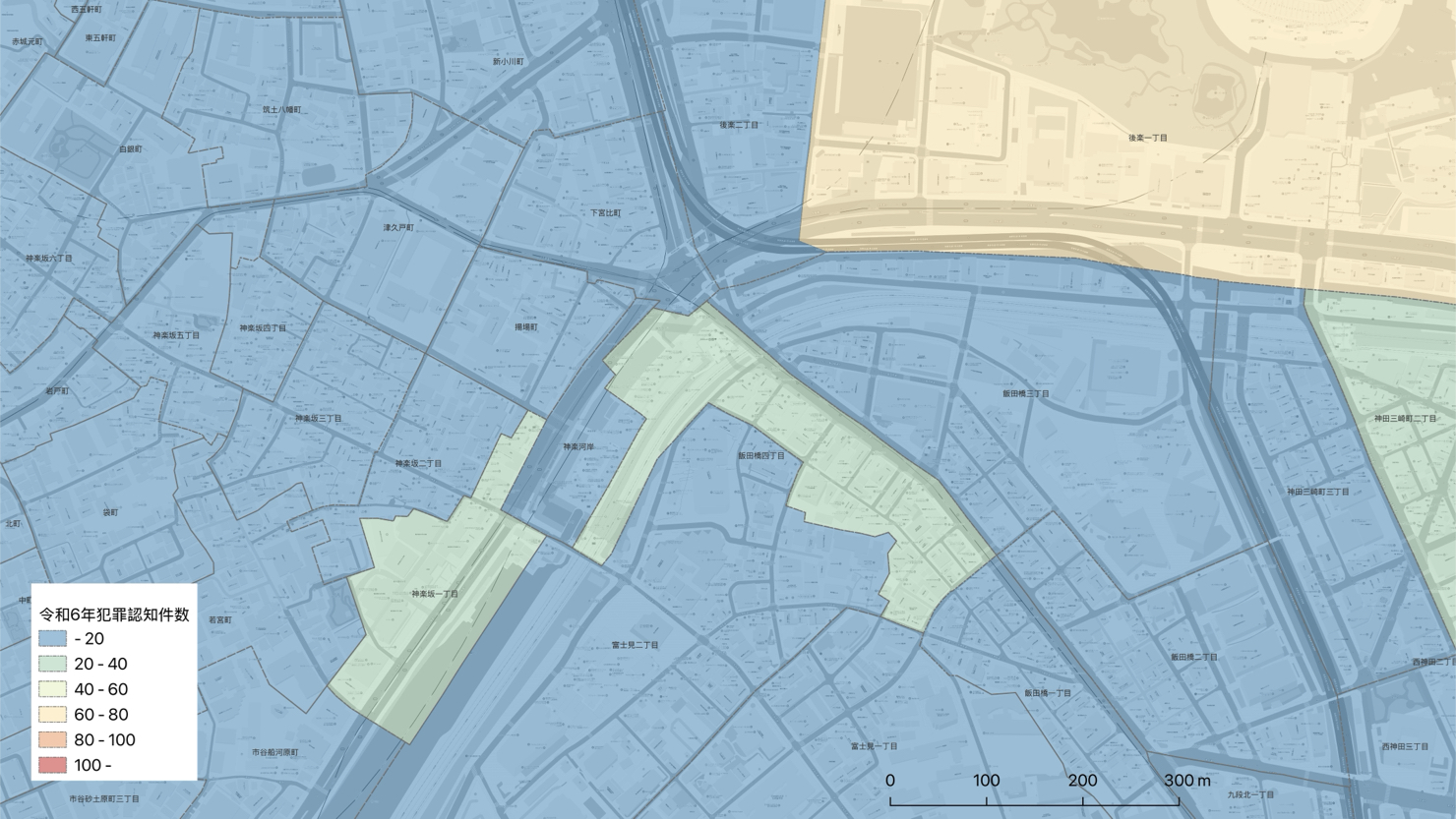 飯田橋駅周辺の町丁別犯罪認知件数　※出典：東京都（2024年）「町丁別犯罪認知件数」を加工し作成