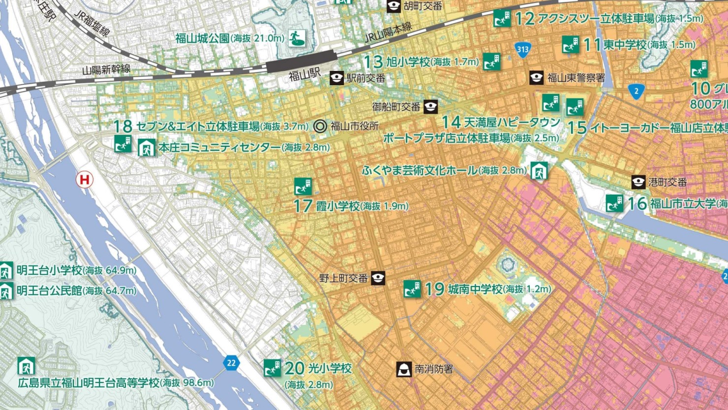 福山市街地のハザードマップ(出典:福山市公式サイト)