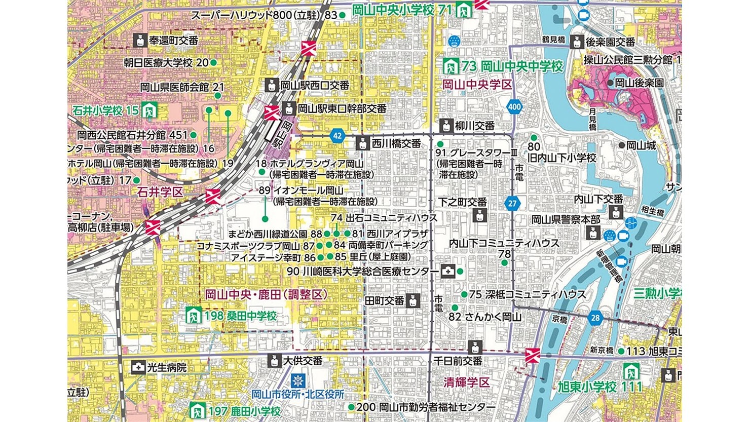 岡山駅周辺の洪水・土砂災害ハザードマップ（出典：岡山市公式サイト）