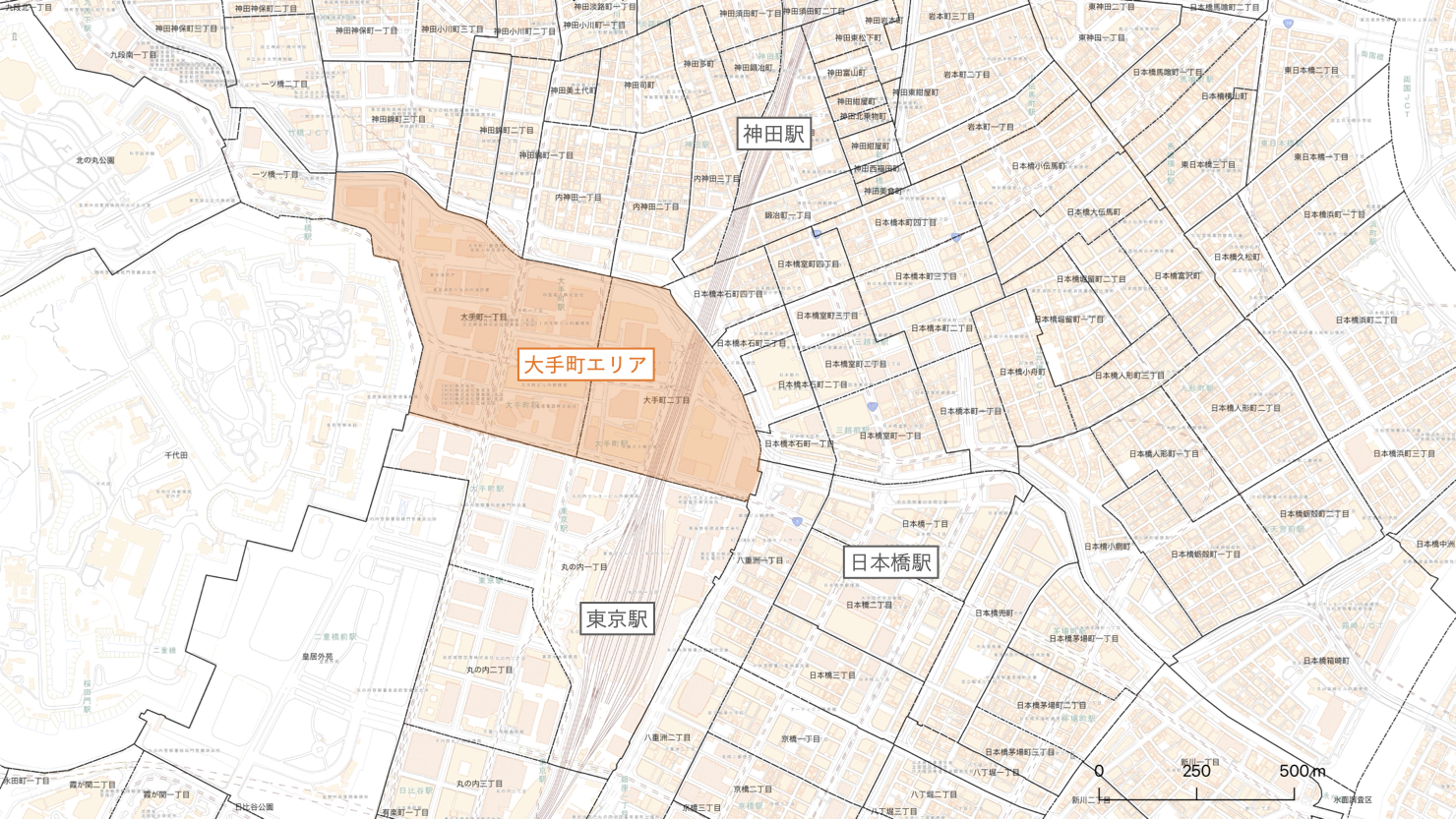 大手町・神田・日本橋エリアの位置関係　※出典：国土地理院地図一部加工