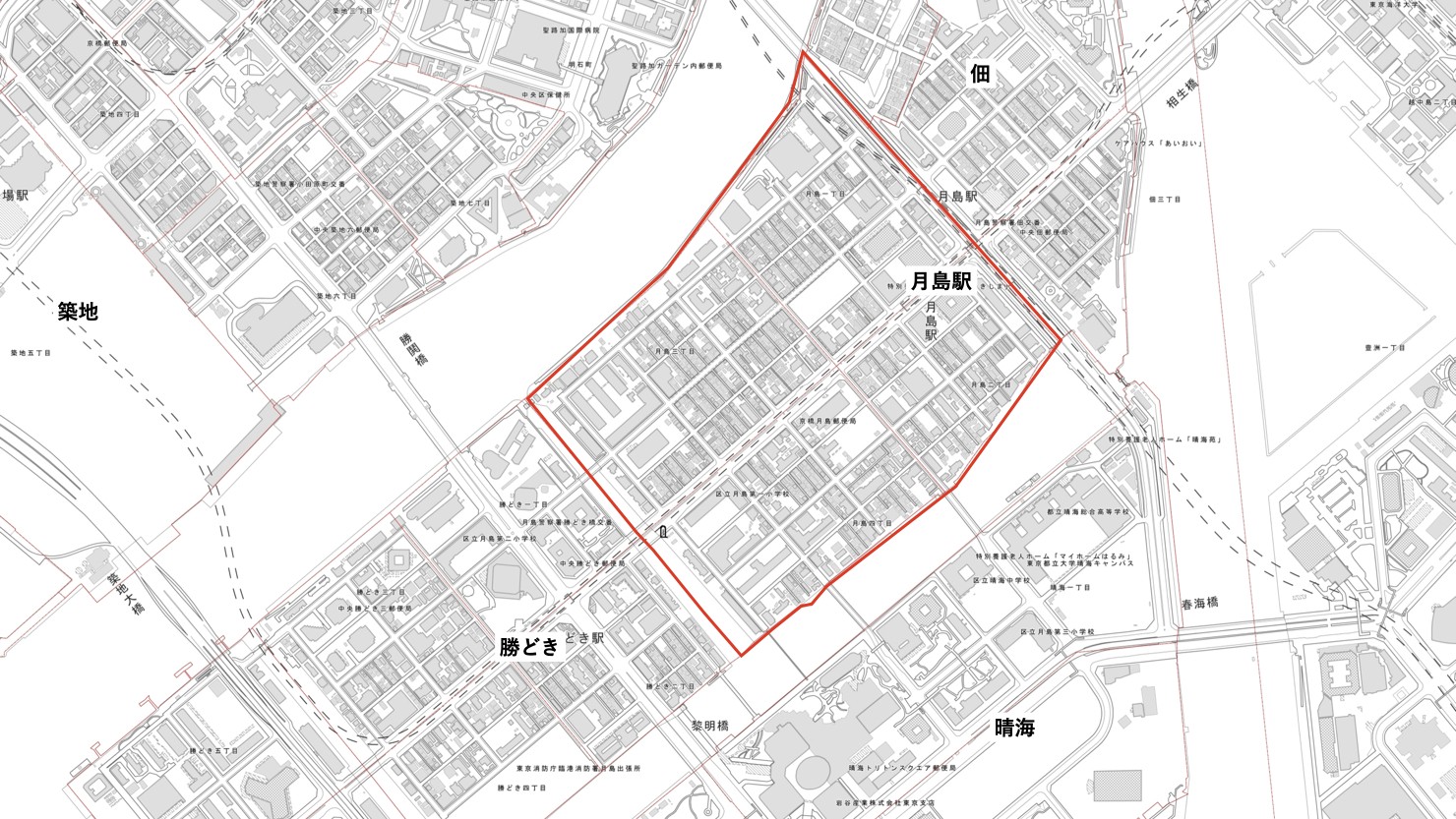 月島駅周辺の位置　※出典：国土地理院地図を一部加工