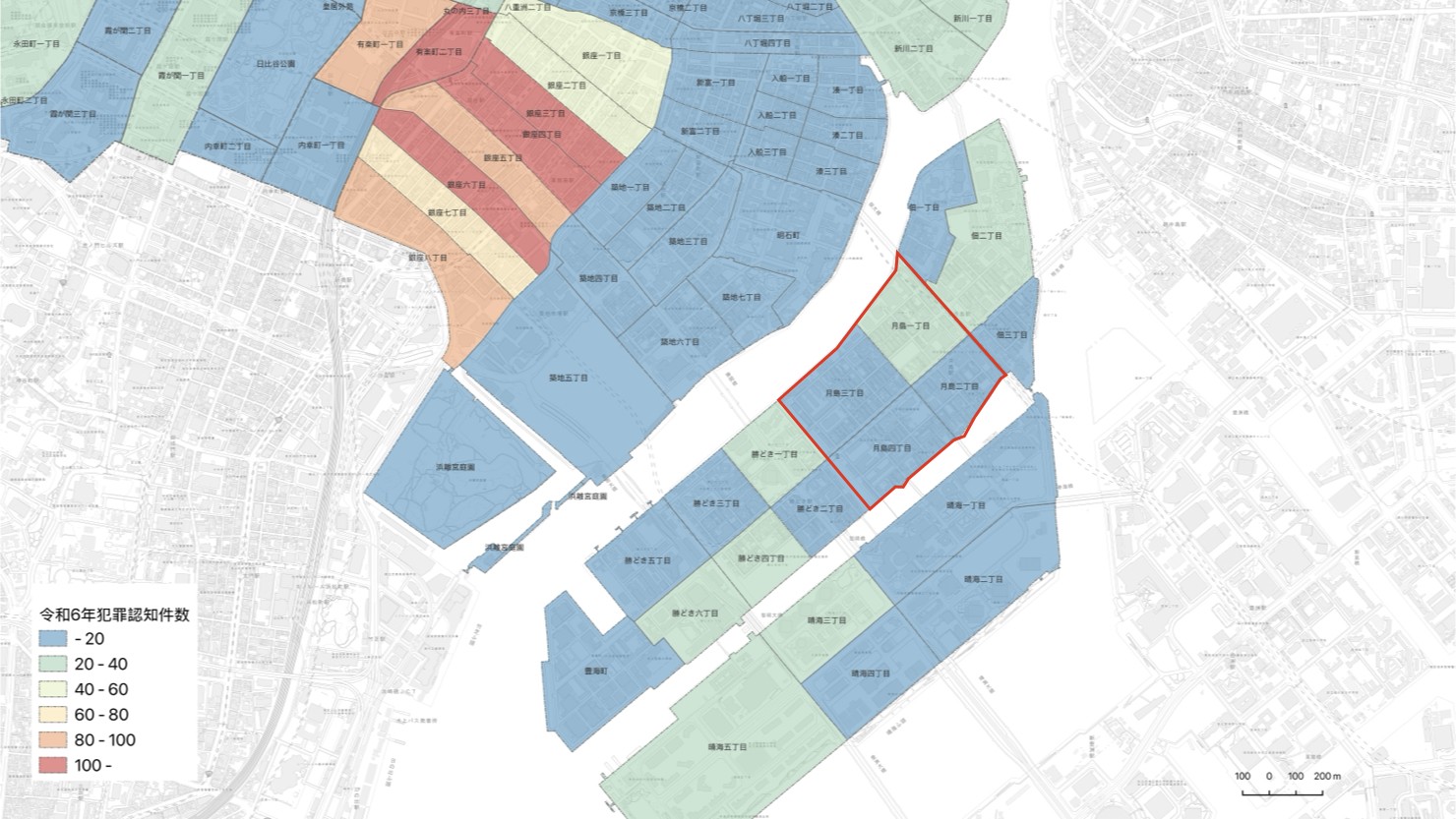 町丁別犯罪認知件数　※出典：犯罪認知件数：警視庁「令和6年 区市町村の町丁別、罪種別及び手口別認知件数」。町丁別境界：e-Stat。下図：国土数値情報。