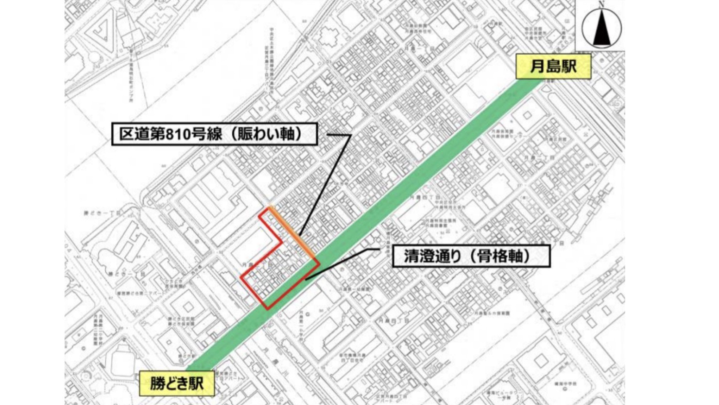 「月島三丁目北地区第一種市街地再開発事業」の位置図　※出典：月島三丁目北地区市街地再開発組合（2022年11月7日）『月島エリアの特性を活かし、賑わいと水辺環境の魅力を引き出す再開発「月島三丁目北地区第一種市街地再開発事業」10月20日着工　総戸数1,285戸　高さ約199ｍのタワーマンションを中核に形成』
