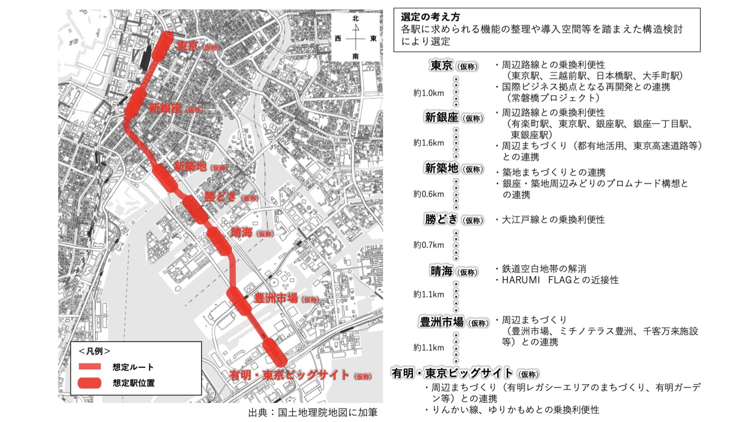 ルート・駅位置　※出典：東京都、都心部・臨海地域地下鉄構想 事業計画検討会（2022年11月）「事業計画案」