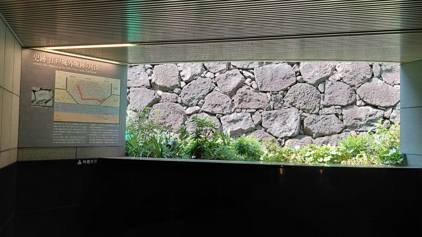 江戸城の外堀跡(左側に石垣に関する案内版があります)
