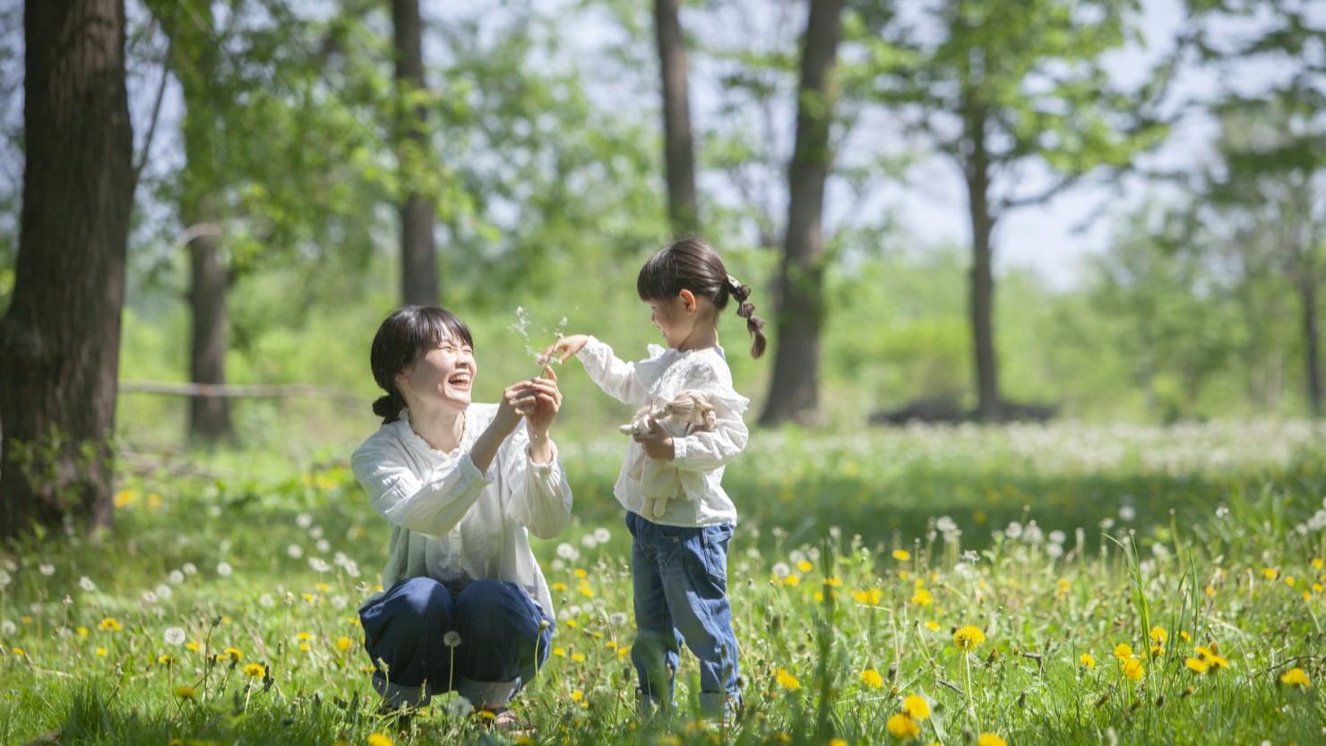 芝生のある公園で遊ぶ親子