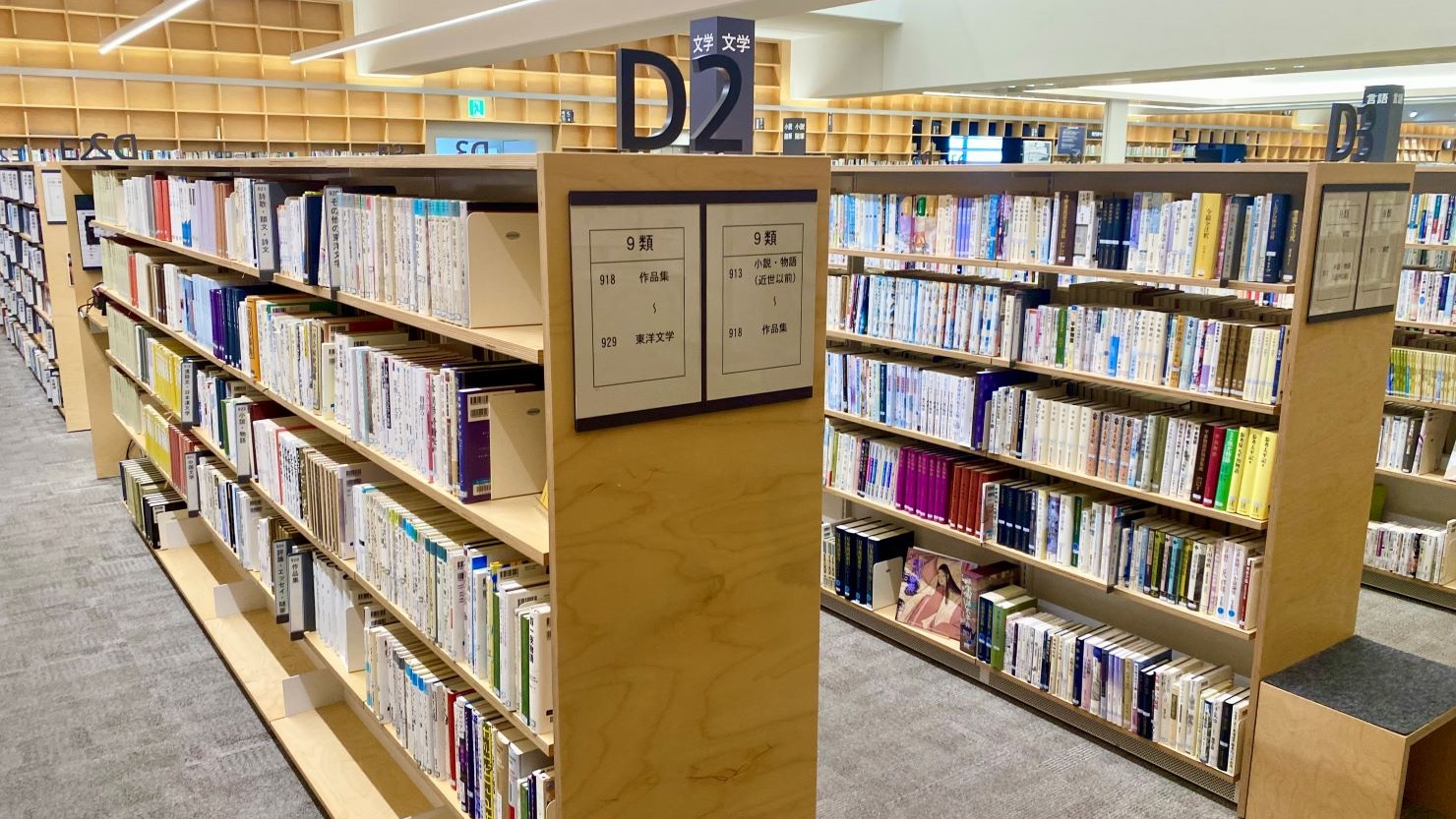 文学コーナーの書架(3階)