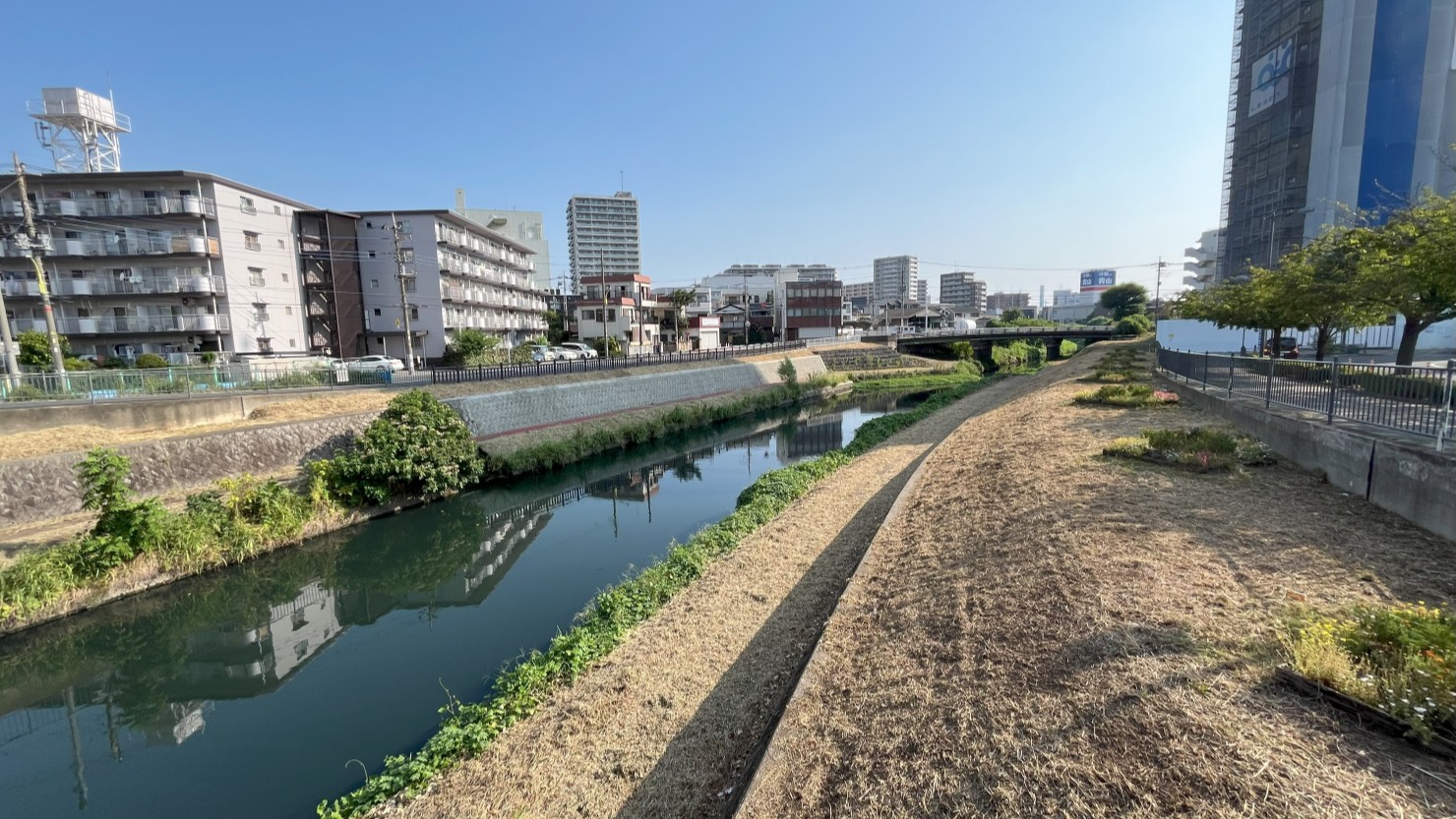 川口元郷駅近くを流れる芝川は地元の人たちの憩いの散歩道