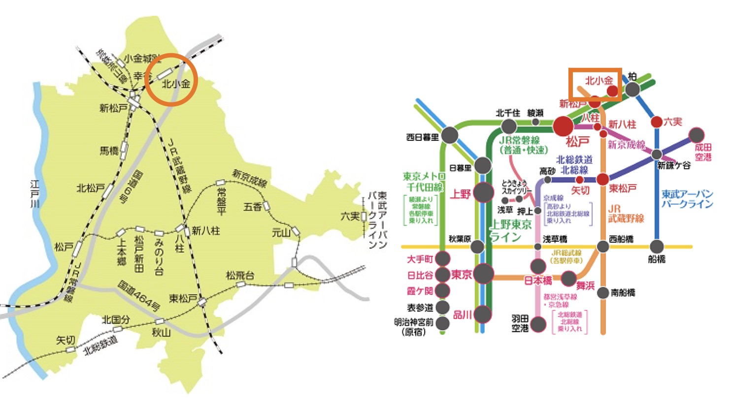北小金駅の位置(松戸市の中での位置) ※出典:松戸市「松戸市の位置・交通・地形・地名の由来」より抜粋(https://www.city.matsudo.chiba.jp/profile/ichi_chikei_yurai.html)