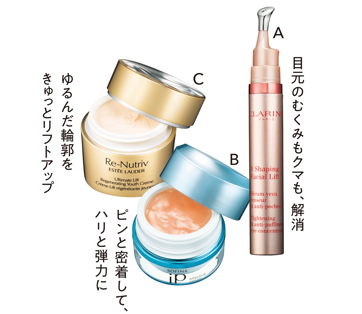 A クラランス　 グラン アイ セラム V 15ml ￥6930 B ソフィーナ iP  インターリンク セラム　 うるおって 弾むようなハリ肌へ 55g ￥4180（編集部調べ）／花王 C エスティ ローダー　 リニュートリィブ UL クリーム N 50ml ￥40040