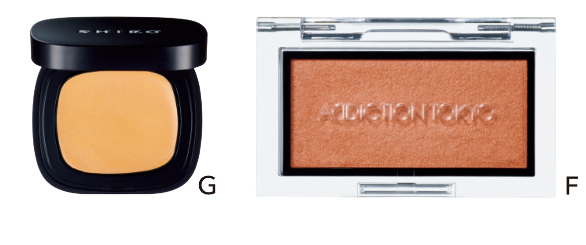 F ザ ブラッシュ パール 102P ￥3300／アディクション ビューティ（限定品）　G シアハイライターカラー 2B03 ￥4481／SHIRO
