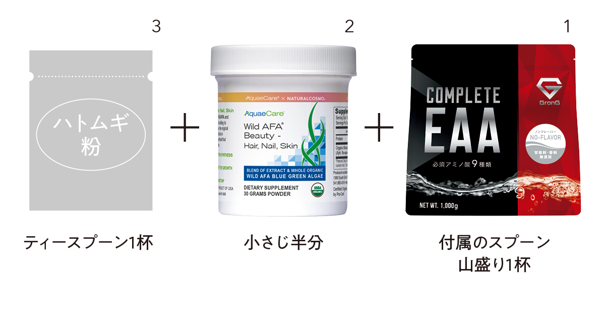 GronG COMPLETE EAA パウダー ノンフレーバー 付属のスプーン山盛り1杯＋Wild AFA ビューティー・ヘア ネイル スキン 小さじ半分＋ハトムギ粉ティースプーン1杯