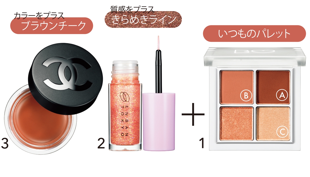 1 THE アイパレ 105 ￥1980／かならぼ（3月30日限定発売）　2 マルチプリクラペン 02 ￥1870／ENBAN TOKYO　3 リップ＆チーク ボーム N°1 ドゥ シャネル 3 ￥6050／シャネル