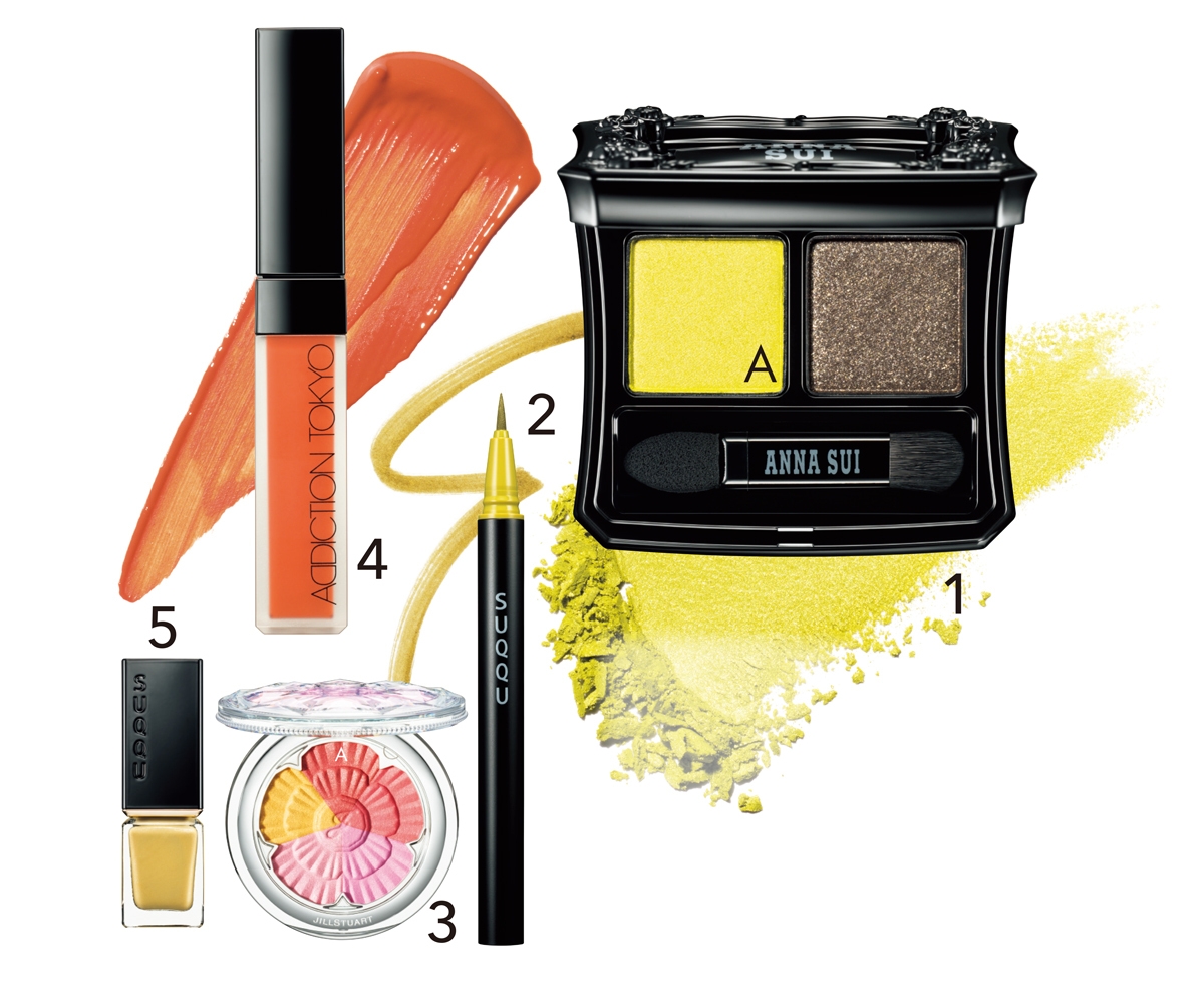 1 アナ スイ アイカラー コンパクト 13 ¥4400／アナ スイ コスメティックス（8月1日発売）　2 ニュアンス アイライナー 104 ¥3300／SUQQU（限定色）　3 ジルスチュアート ブルーム ミックスブラッシュ コンパクト　サンセットプロムナード 22 ¥4620／ジルスチュアート　ビューティ（8月5日限定発売）　4 ザ マット リップ リキッド 019S Warm A pricot ¥3520／アディクション ビューティ（8月5日発売）　5 ネイル カラー ポリッシュ 146 ¥2750／SUQQU（限定色）