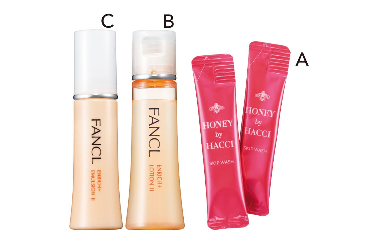 Aスキップウォッシュ 16包入 ￥3465／HACCI　Bエンリッチプラス 化粧液（医薬部外品） 2種 30ml 各¥1870、C同じラインの乳液。同 乳液（医薬部外品） 2種 30ml 各¥1870／ファンケル