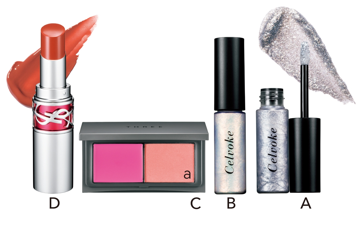 A インフィニトリー グリマーリキッド EX01、B 同 01 各￥2970／セルヴォーク（Aのみ限定品）　C ブロウンアウェイ ブラッシュデュオ 01 ￥4180／THREE　D ルージュ ヴォリュプテ キャンディグレーズ 4 ￥4730／イヴ・サンローラン・ボーテ