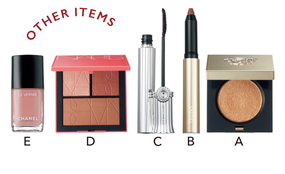 A リュクス アイシャドウ フォイル 03 ￥4730／ボビイ ブラウン　B デザイニング ペンシル 04 ￥2970／スナイデル ビューティ　C ブルーミングブラッシュ ニュアンスカーラー 01 ￥3300／ジルスチュアート　ビューティ　D プレジャートリップ チークパレット ￥5720／NARS JAPAN（3/18限定発売）　E ヴェルニ ロング トゥニュ 923￥3520／シャネル（3/4限定発売）