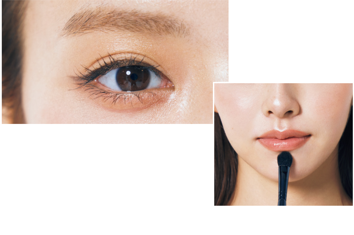 アイホールにマットなベージュトーンの影色bをのせると、目元がすっきり見える。