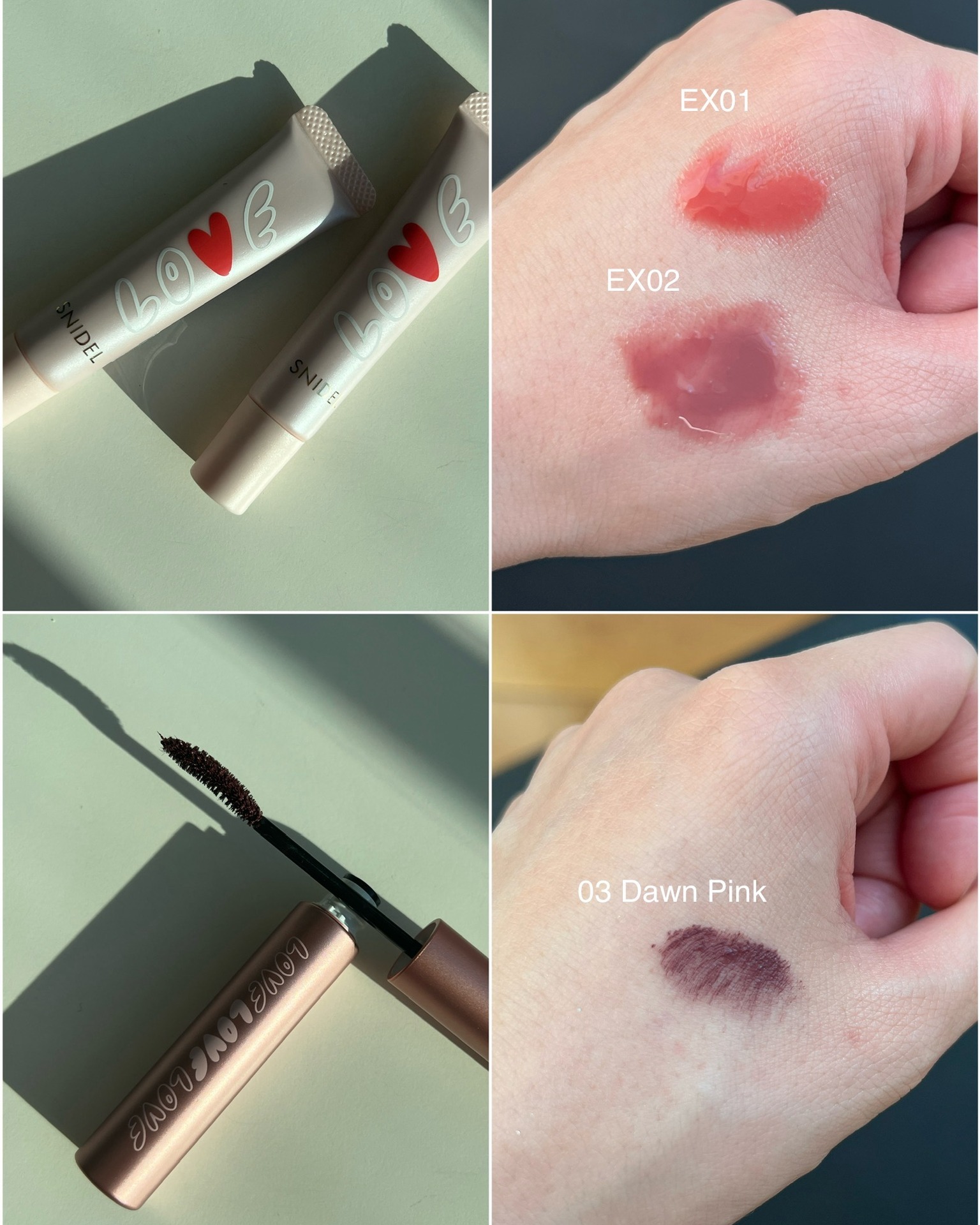 スナイデル ビューティ_バレンタインコスメ2025_SNIDEL ピュア リップ グレイズ EX01／EX02_SNIDEL カール ロック マスカラ 03_スウォッチ