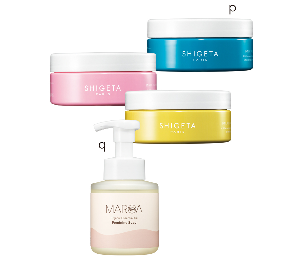 p インナーピース バスソルト（インナーサイレンス、インナーハピネス、インナーカレッジ） 各150g 3種セット ￥3960／SHIGETA Japan　q MAROA フェミニンソープ 280ml ￥3080／MAROA