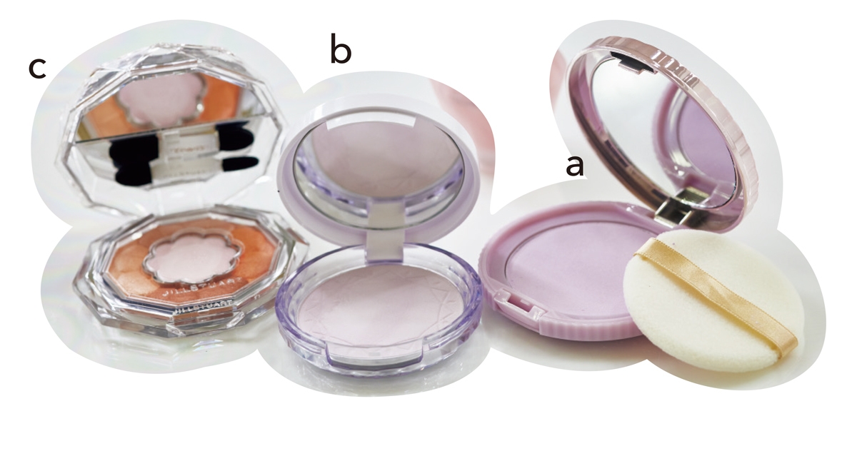 a キャンメイク トランスペアレントフィニッシュパウダー PL、b セザンヌ UVクリアフェイスパウダー P1、c ジルスチュアート　ブルームクチュール アイズ　ブルームドロップ 10／本人私物