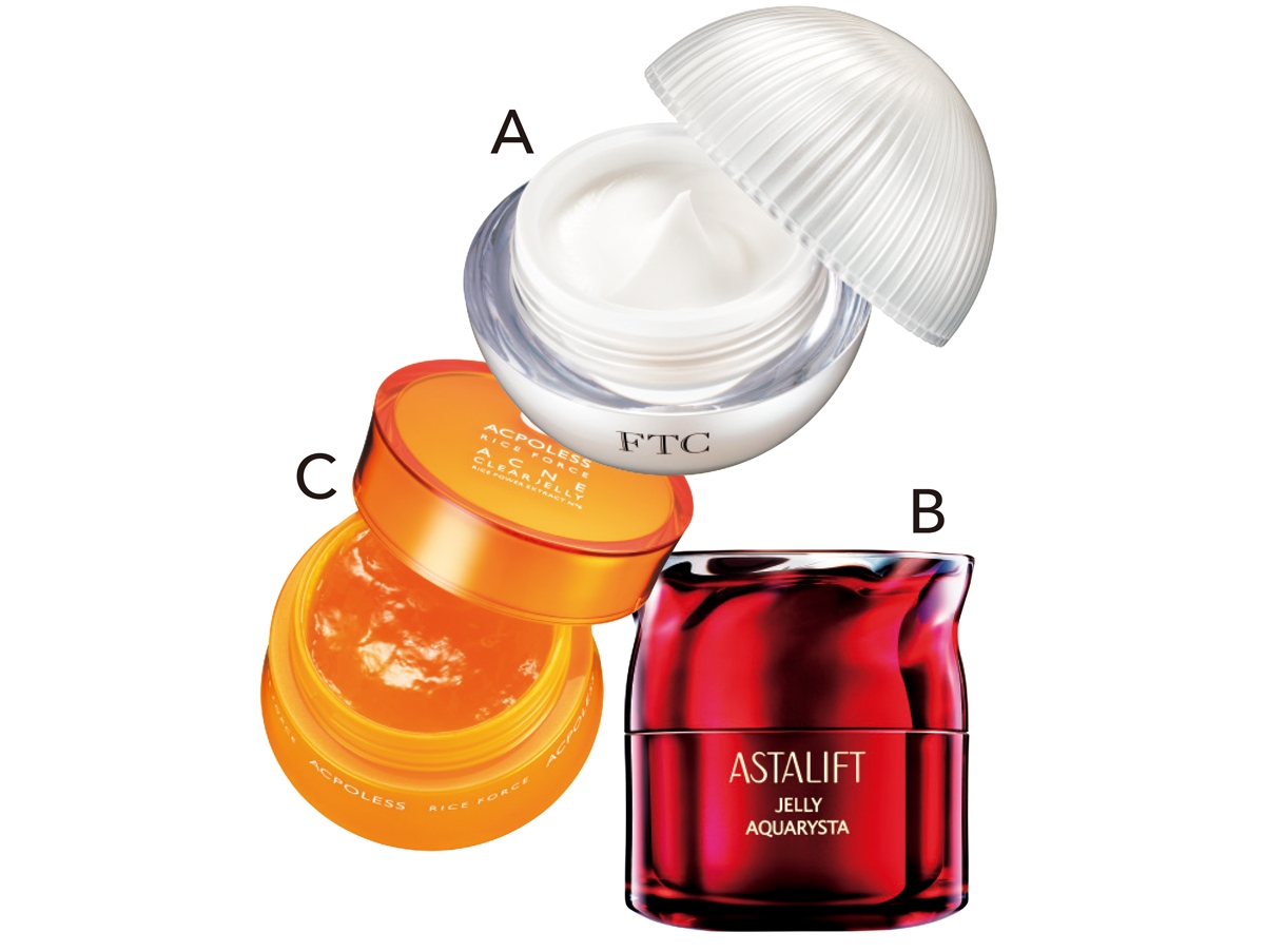 AFFプレステージケアクリーム 30g ￥14300／FTC　Bアスタリフト ジェリー アクアリスタ 40g ￥9900／富士フイルム　Cライスフォース アクポレス アクネクリアジェリー（医薬部外品） 50g ￥6600／アイム