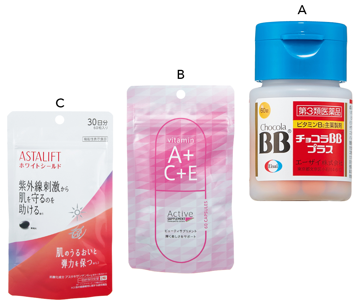 マキア　毛穴ケア　友利新　サプリメント　チョコラBB プラス　アクティブサプリ ビタミンA＋C＋E　アスタリフト サプリメント ホワイトシールド